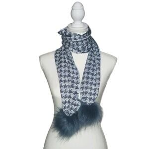NWT Chico's Metallic Houndstooth Oblong Scarf Blue Combo with Pom Pom 6.5"x70"